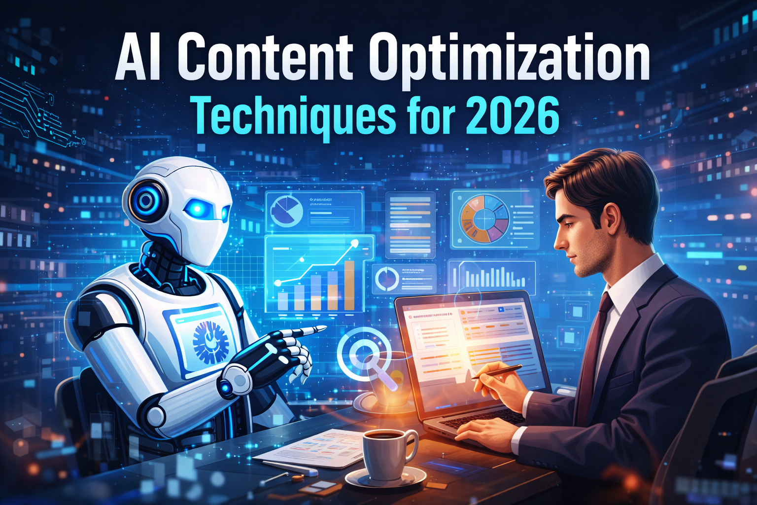 Dashboard view of a technical content optimization tool showing keyword density and schema structure