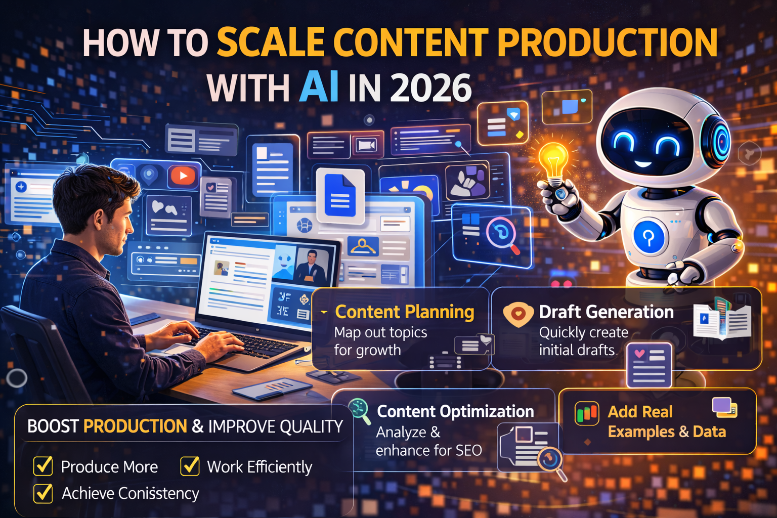 Diagram showing an automated content production pipeline using APIs and Zapier