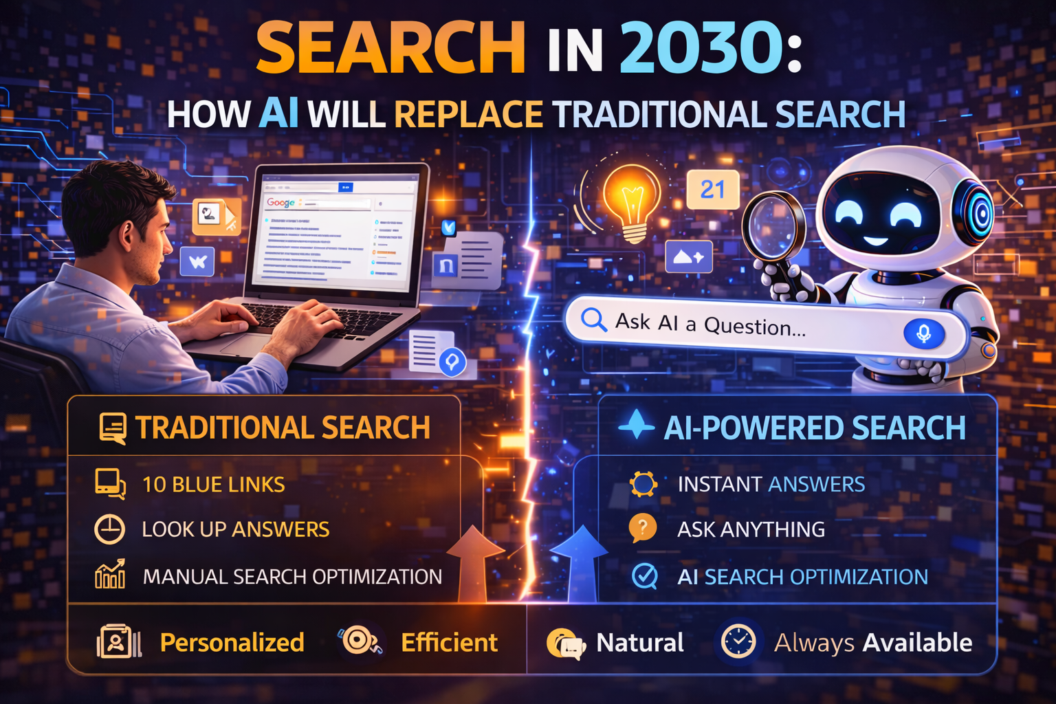 A futuristic representation of interconnected data networks representing search in 2030