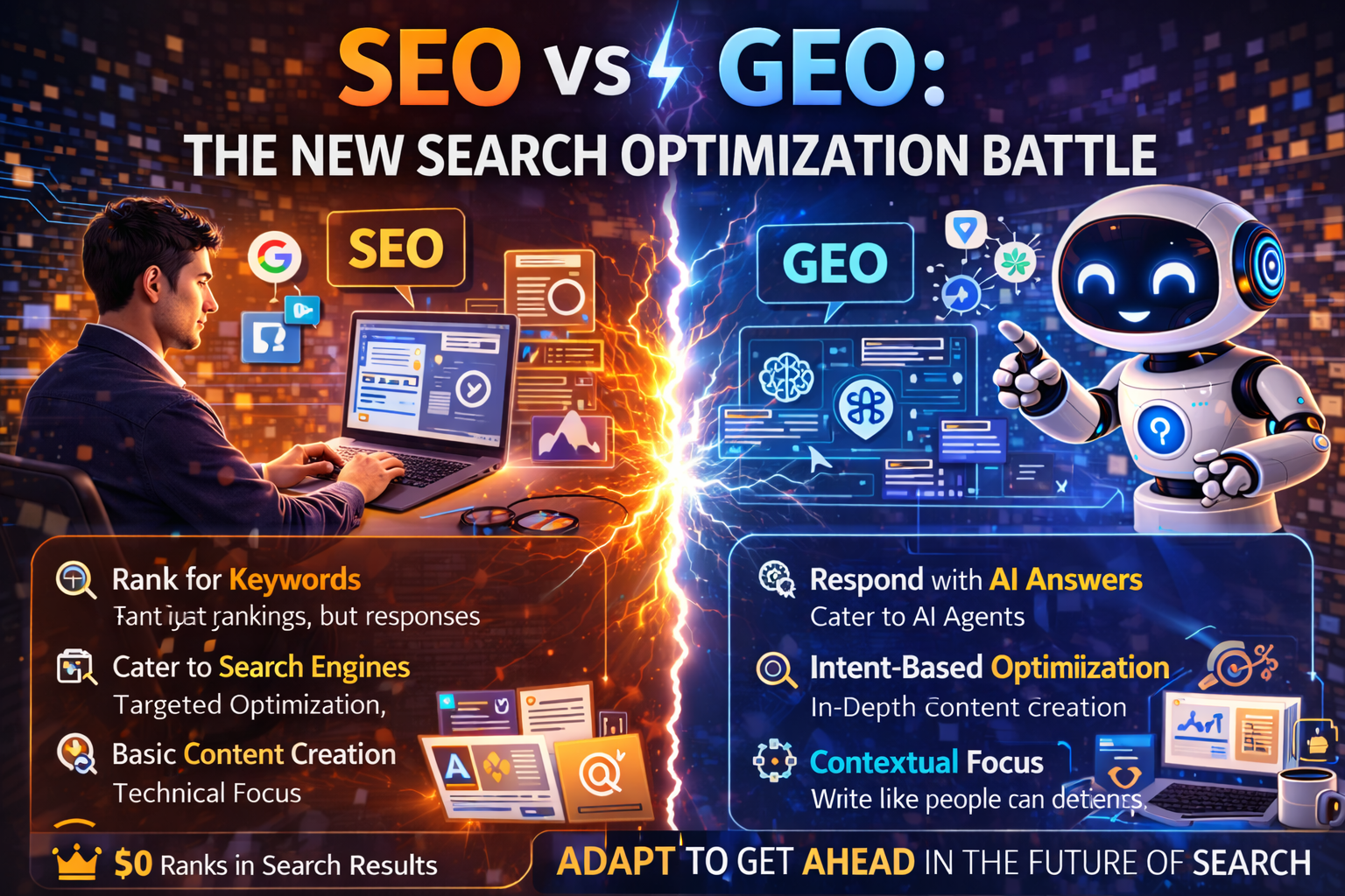Illustration showing the transition from traditional SEO to AI-powered GEO