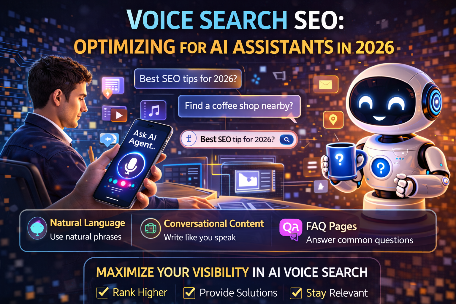 A glowing mobile interface demonstrating conversational voice search and LLM responses